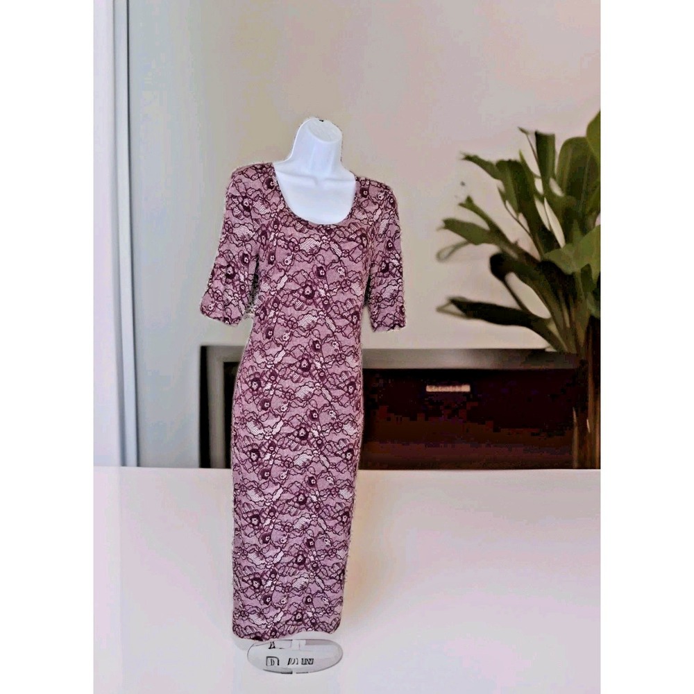 Metaphor Bodycon Midi Dress L Wine‎ Floral Scoop Neck Stretch Abstract Sears NWT